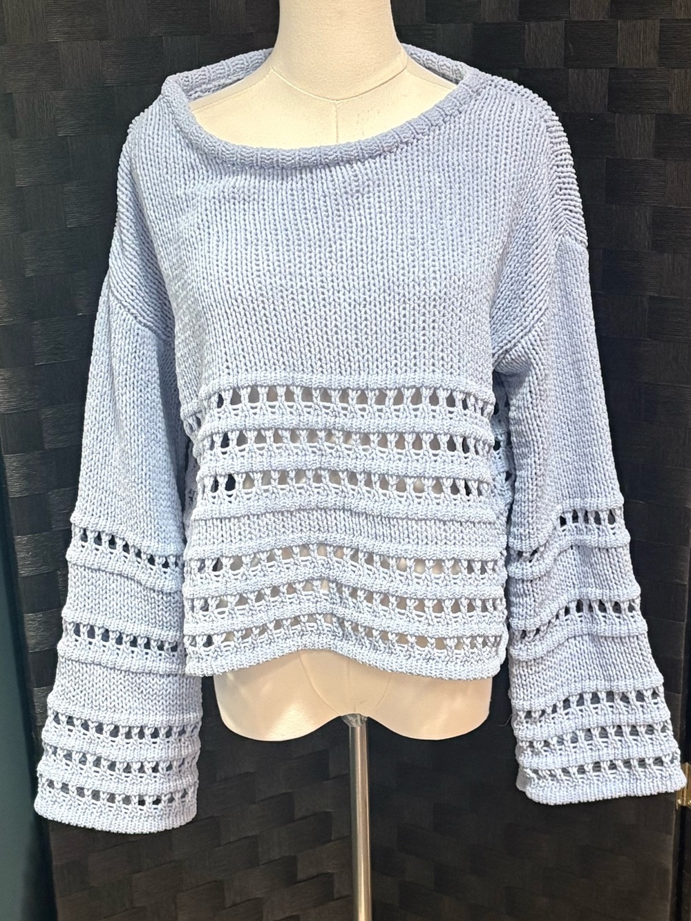 Versona Light Blue Open Knit Crochet Sweater Cropped Oversized Wide Sleeve Boho